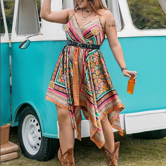 Boho Plus Size Scarf Print Asymmetrical Hi Low Hem Cami Dress Without Belt - Picture 4 of 8